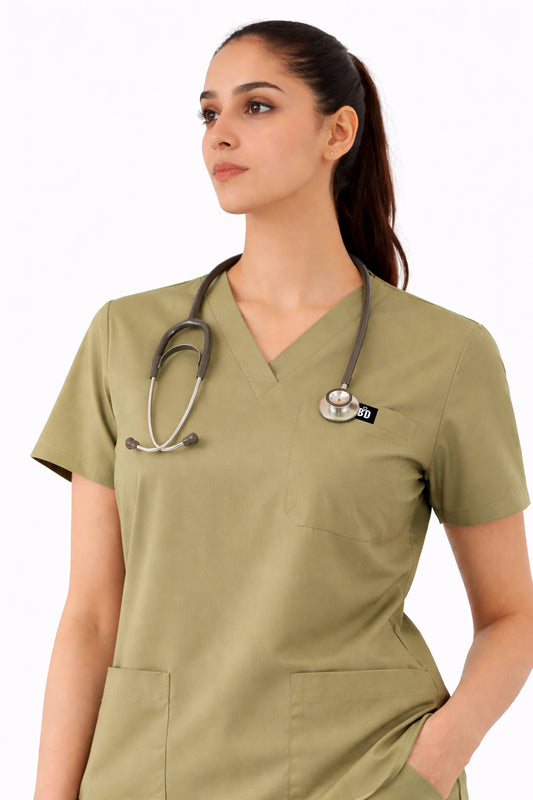 Women Beige 5-Pocket Scrub Set