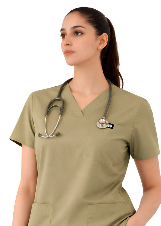 Women Beige 5-Pocket Scrub Set