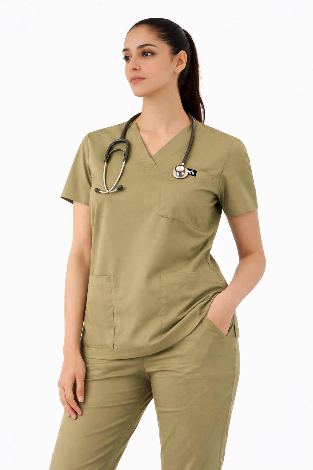 Women Beige 5-Pocket Scrub Set