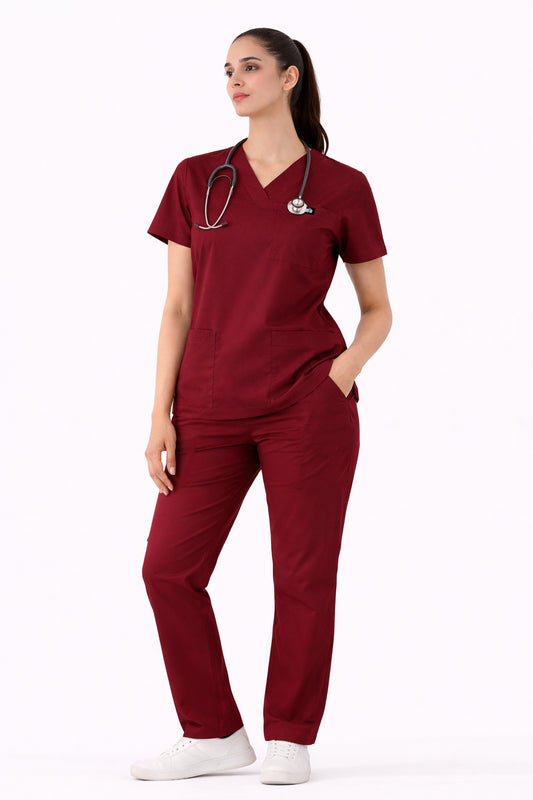 Women Wine Red 5-Pocket Scrub Set