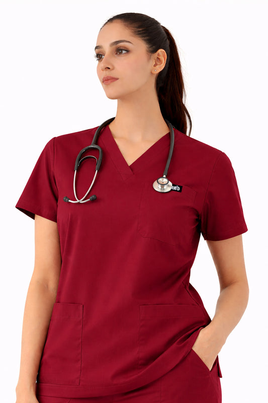 Women Wine Red 5-Pocket Scrub Set