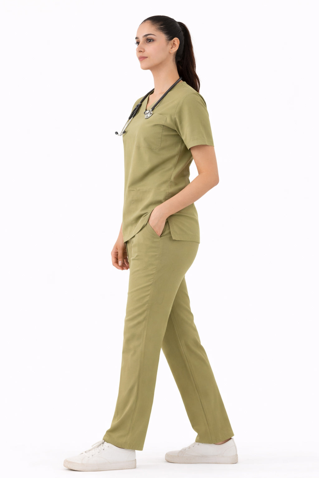 Women Beige 5-Pocket Scrub Set