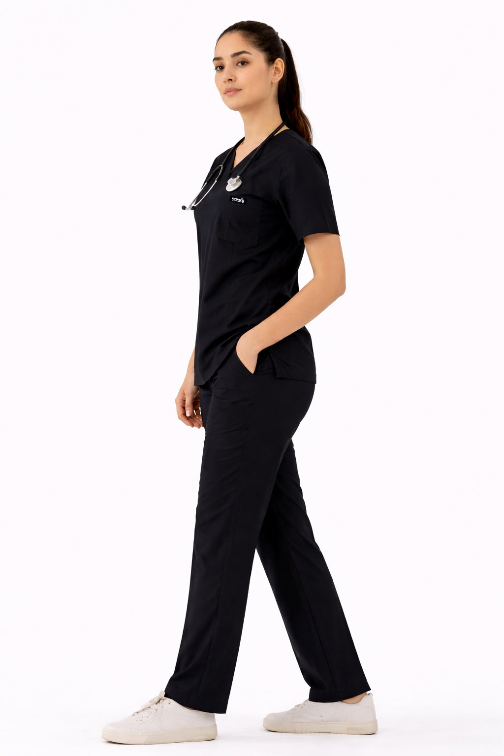 Women Classic Black 5-Pocket Scrub