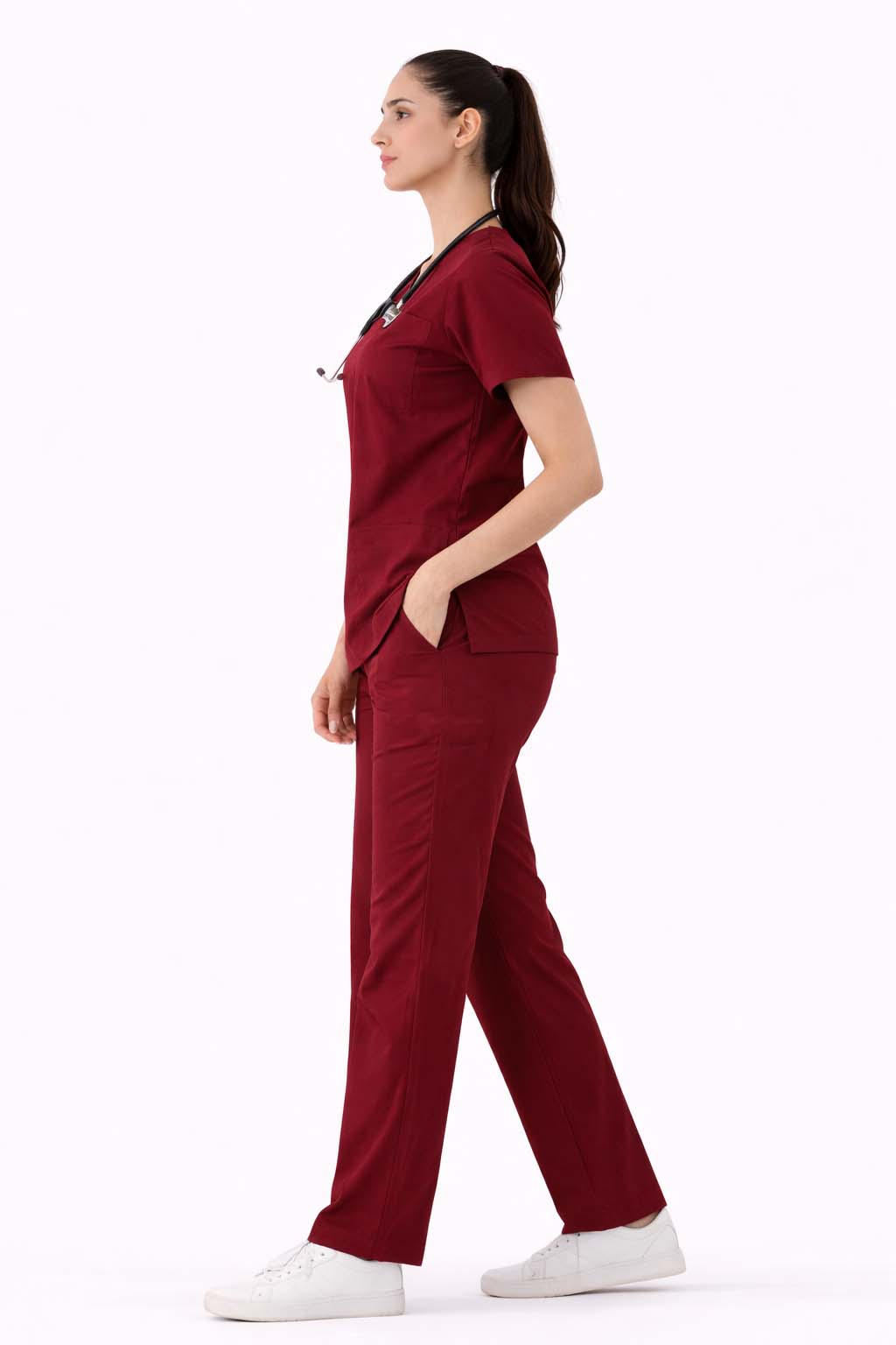 Women Wine Red 5-Pocket Scrub Set