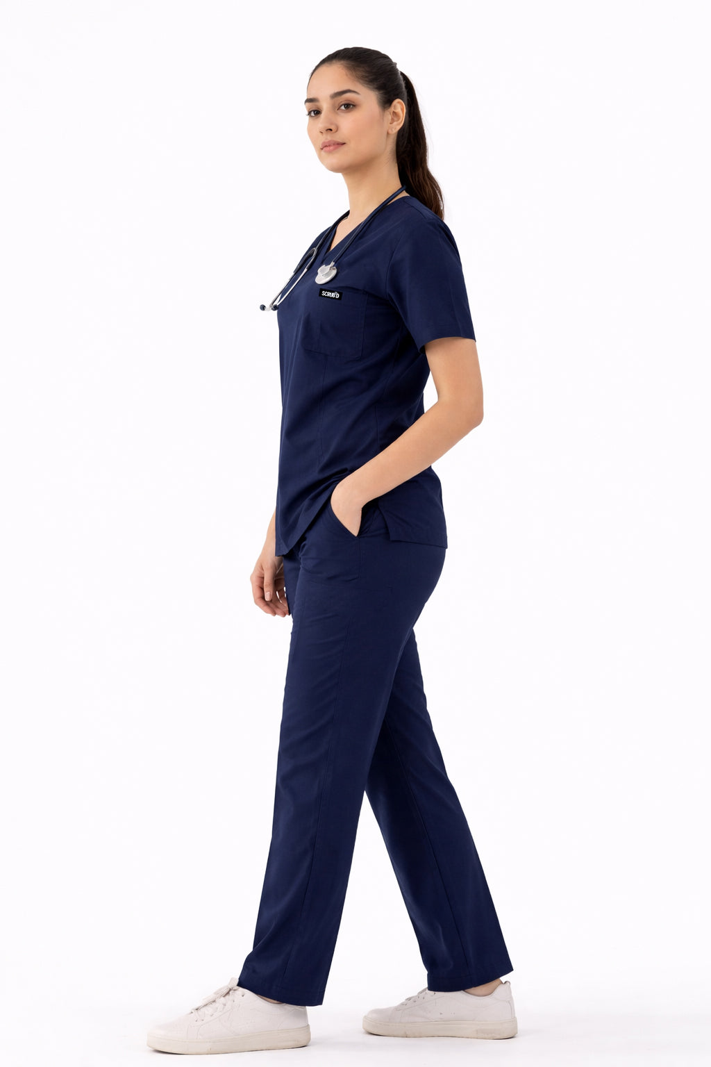 Women Navy Blue 5-Pocket Medical Scrub Set