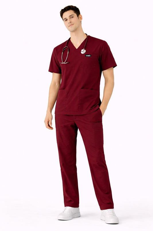 Wine Red 5-Pocket Scrub Set