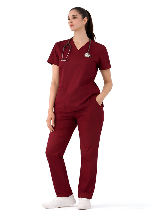 Women Wine Red 5-Pocket Scrub Set