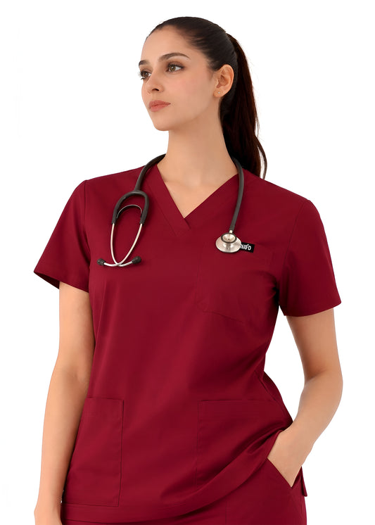 Women Wine Red 5-Pocket Scrub Set