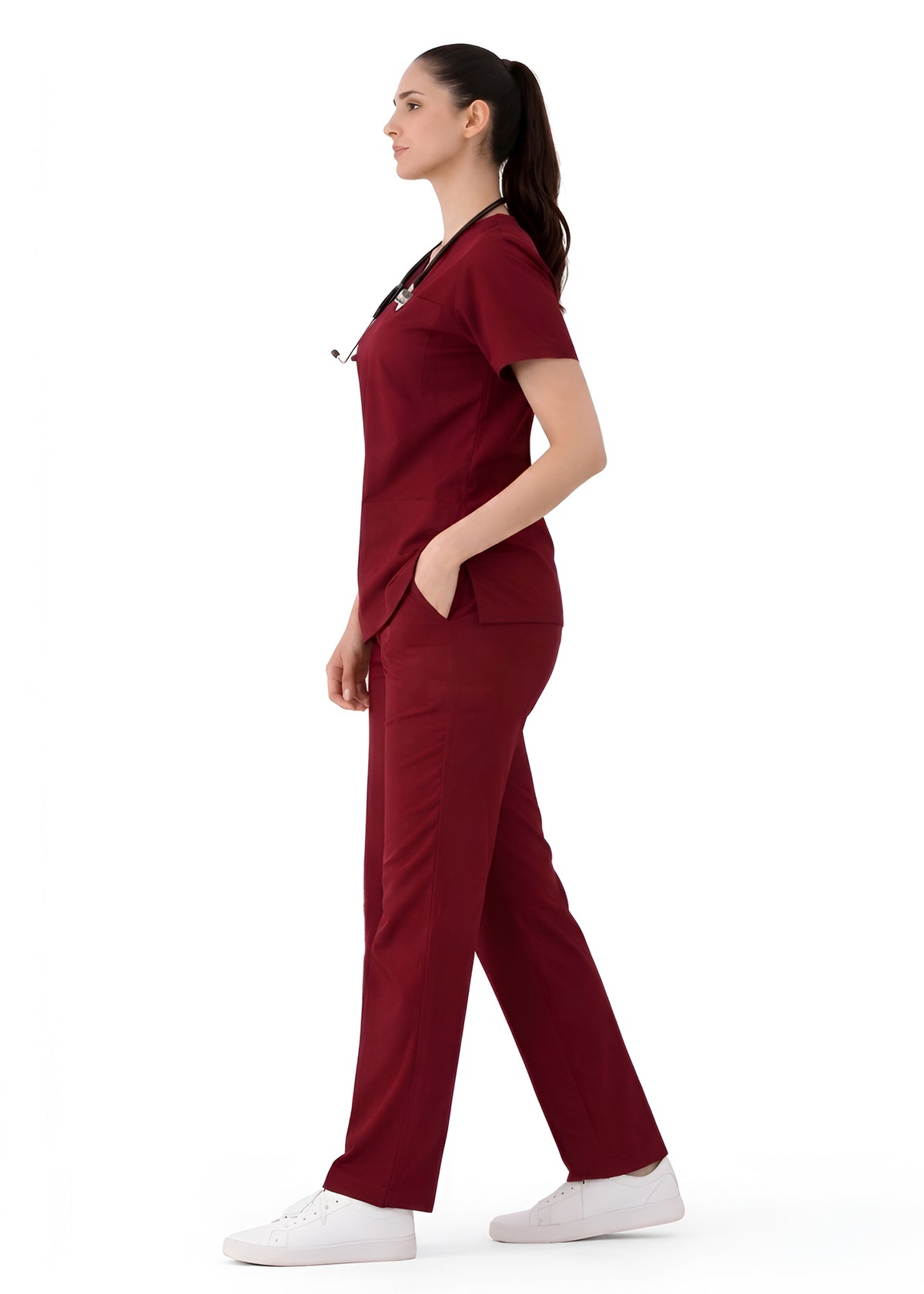 Women Wine Red 5-Pocket Scrub Set