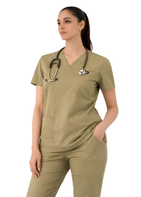 Women Beige 5-Pocket Scrub Set
